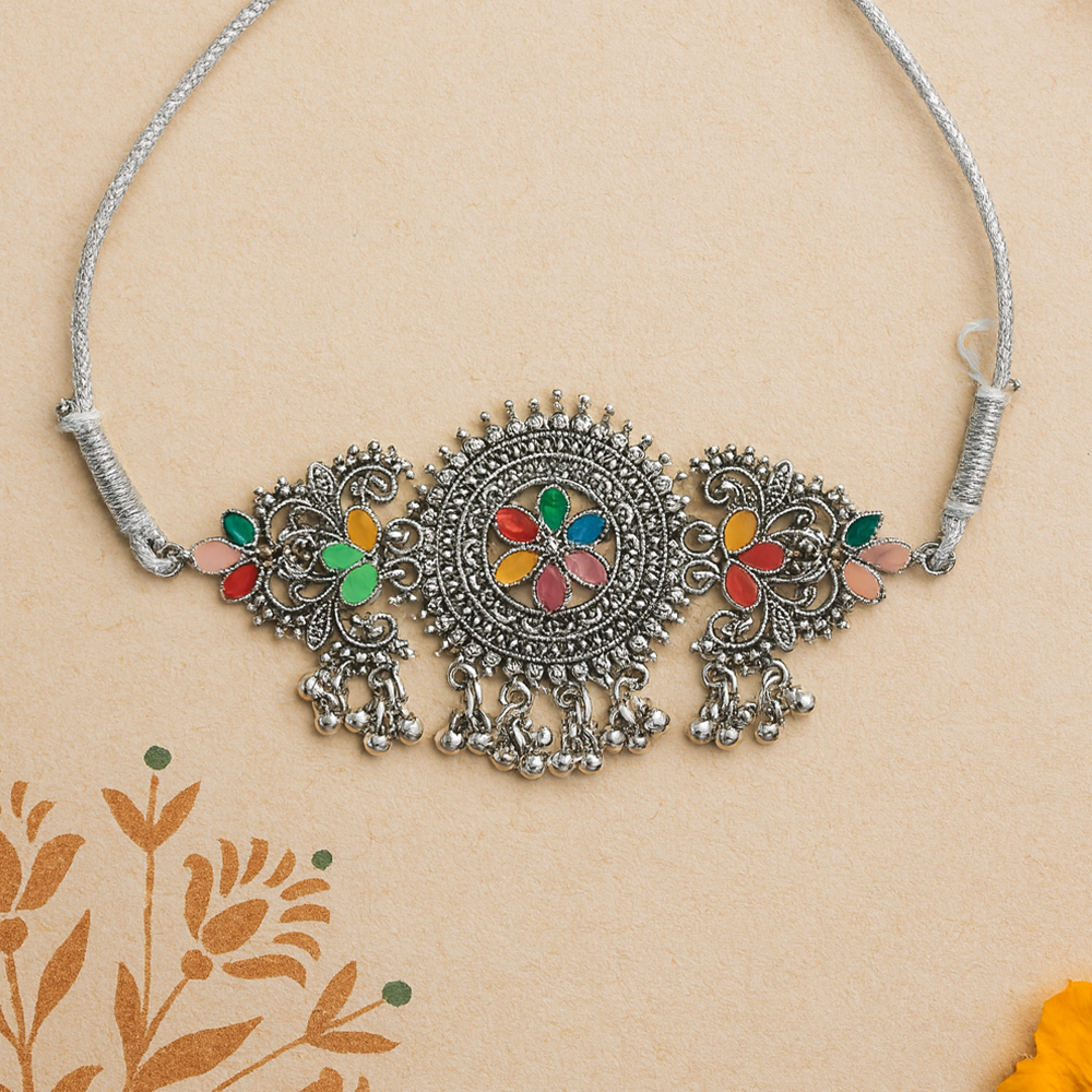 Anira Flora Oxidized Silver Choker Necklace Set