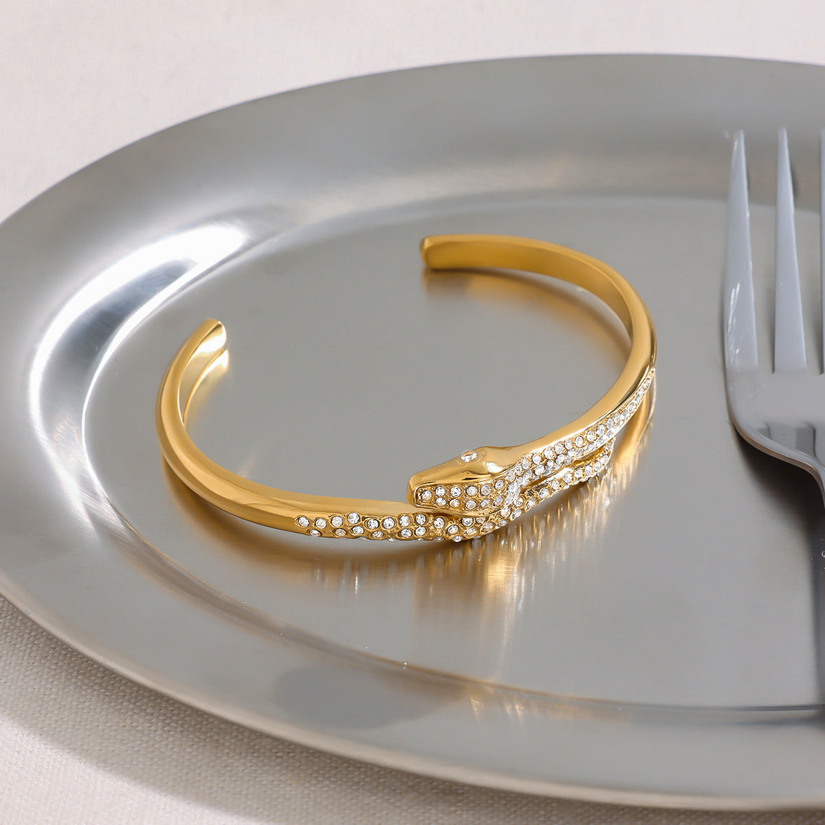 Crystal Snake Cuff Bracelet in Gold-Plated Stainless Steel