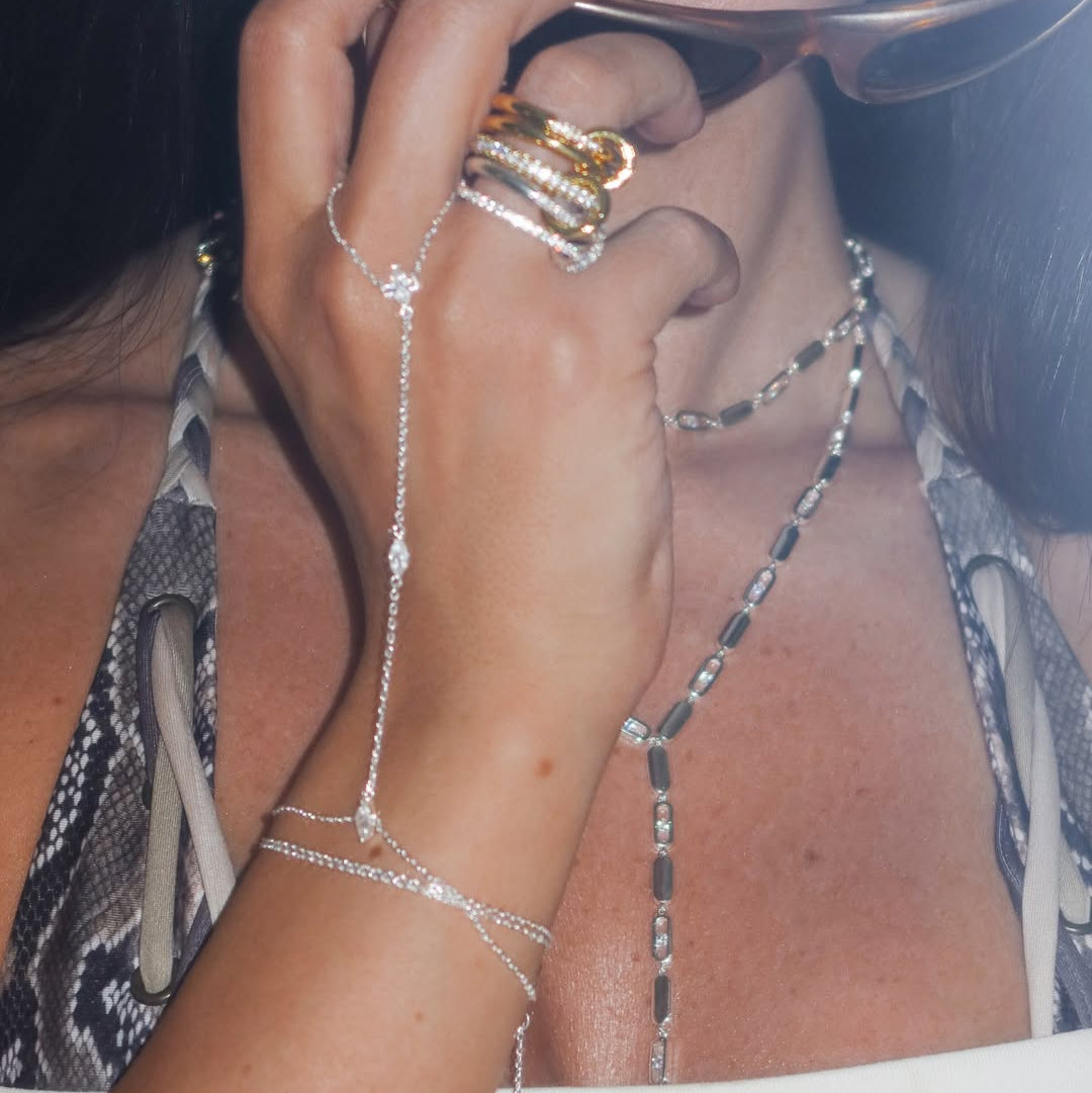 Silver Wrap Hand Chain with Crystal Accent