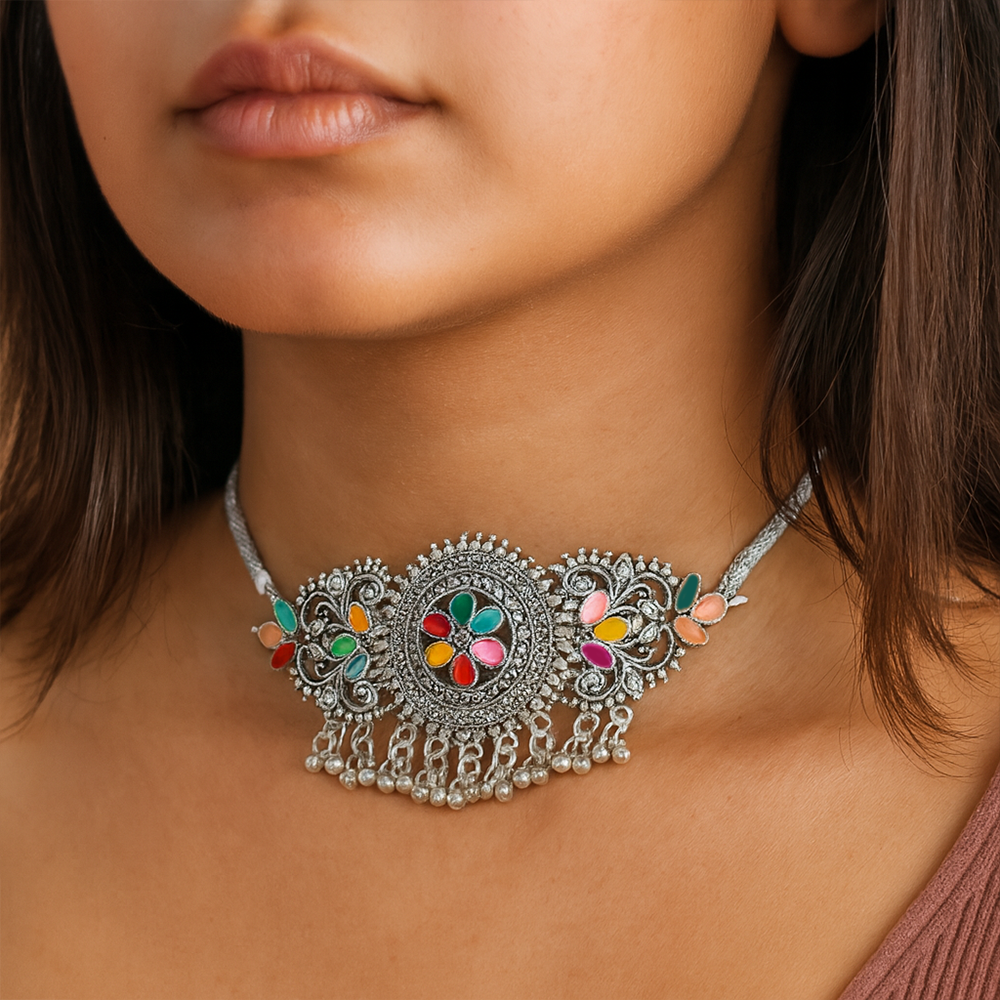 Anira Flora Oxidized Silver Choker Necklace Set